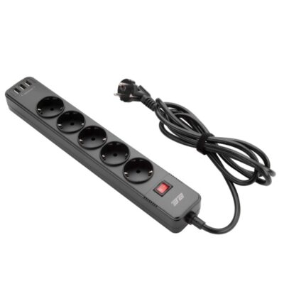 2E Power strip with surge protector 5xType F, 3×1.5mm2, 16A, 3xUSB-A, 2m, white (2E-SP515M2USBBK)