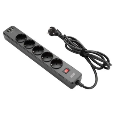 2E Power strip with surge protector 5xType F, 3×1.5mm2, 16A, 3xUSB-A, 2m, white (2E-SP515M2USBBK)
