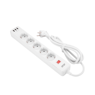 2E Power strip with surge protector 5xType F, 3×1.5mm2, 16A, 3xUSB-A, 2m, white (2E-SP515M2USBWH)
