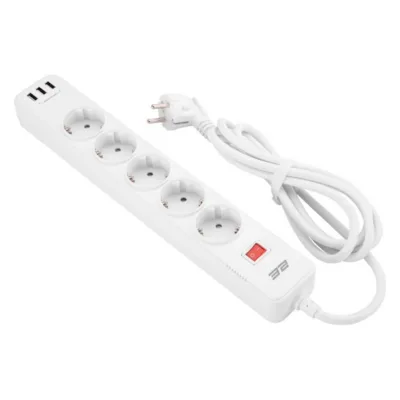 2E Power strip with surge protector 5xType F, 3×1.5mm2, 16A, 3xUSB-A, 2m, white (2E-SP515M2USBWH)